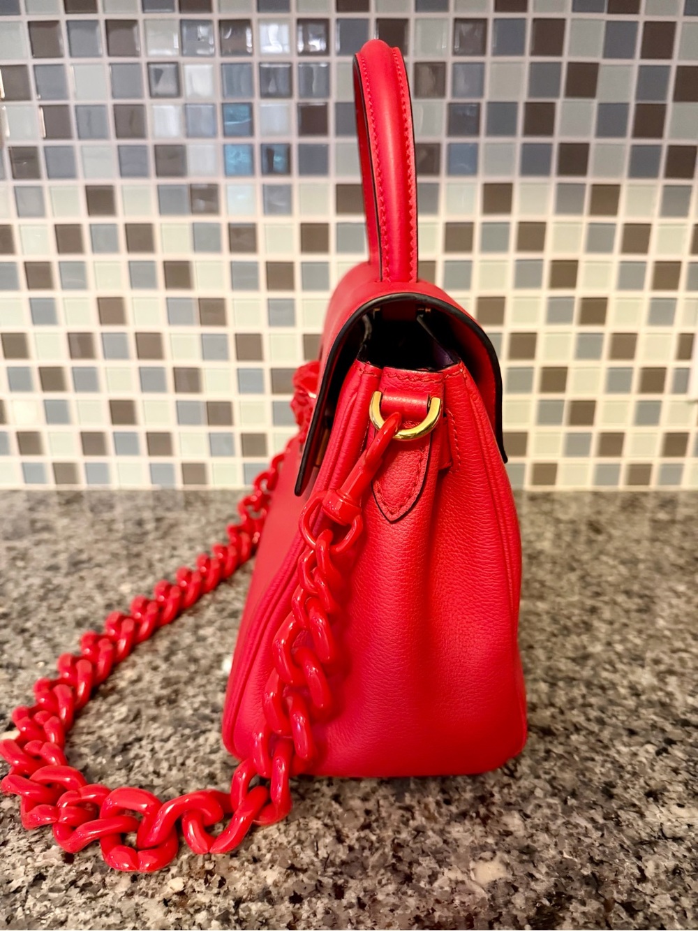 Versace Bright Red Leather Top-Handle Satchel with Chain Strap - Picture 7 of 11